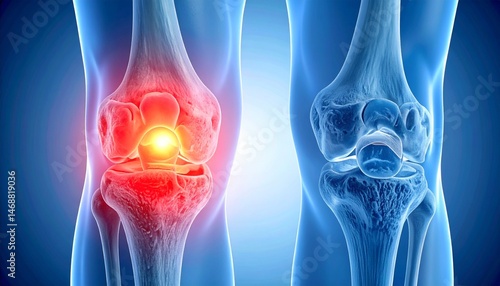 Cross-sectional anatomical image of damaged knee cartilage, with intra-articular inflammation highlighted in red