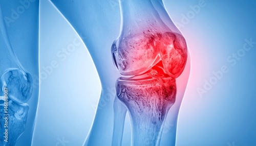 Cross-sectional anatomical image of damaged knee cartilage, with intra-articular inflammation highlighted in red