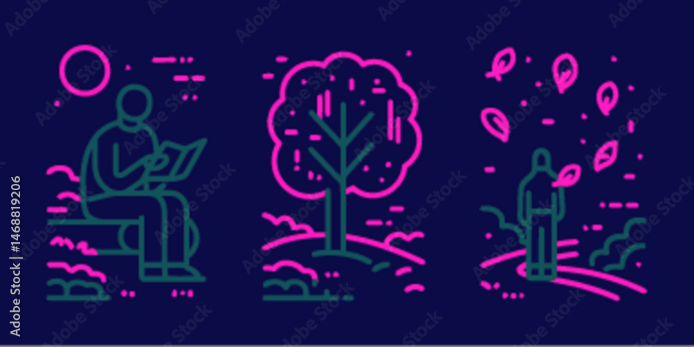 Monoline Flat Icon Illustrations of Nature, Reading, and Outdoor Life Monoline Flat Icon Illustrations of Nature, Reading, and Outdoor Life