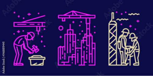 Monoline Flat Construction Icon Set with Workers and Buildings
