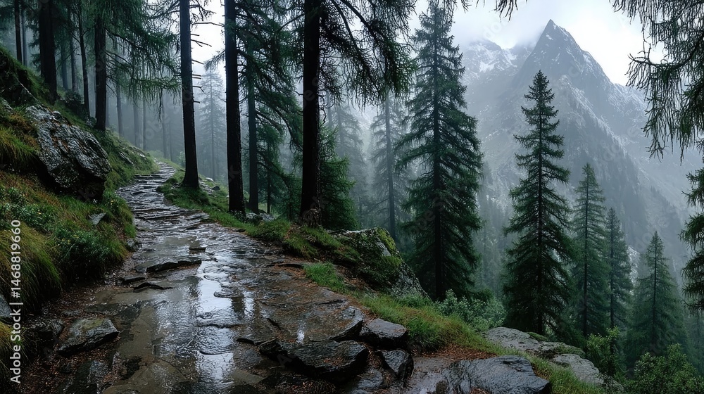 Misty hiking adventure on a foggy mountain path surrounded by pine forest nature scene Misty hiking adventure on a foggy mountain path surrounded by pine forest nature scene