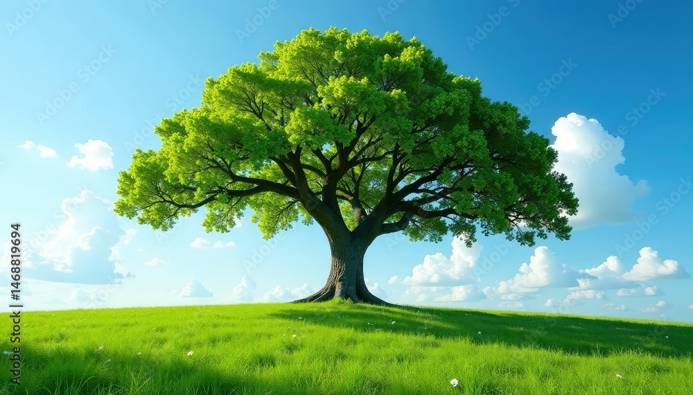 Fototapeta premium Full-length shot of a majestic, sprawling tree reaching towards the sky , full shot, vertical, environment
