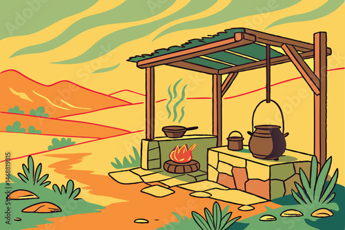 118 a traditional outdoor kitchen, cooking fire, earthenware pots, rustic wooden structure, steam rising, desert landscape, vibrant colors, impressionist style painting