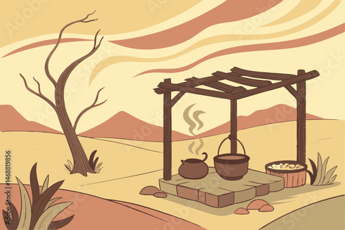 118 a traditional outdoor kitchen, cooking fire, earthenware pots, rustic wooden structure, steam rising, desert landscape, vibrant colors, impressionist style painting