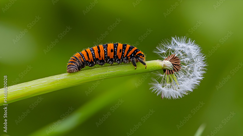 Fototapeta premium Caterpillar On Dandelion Stem With Orange And Black Stripes