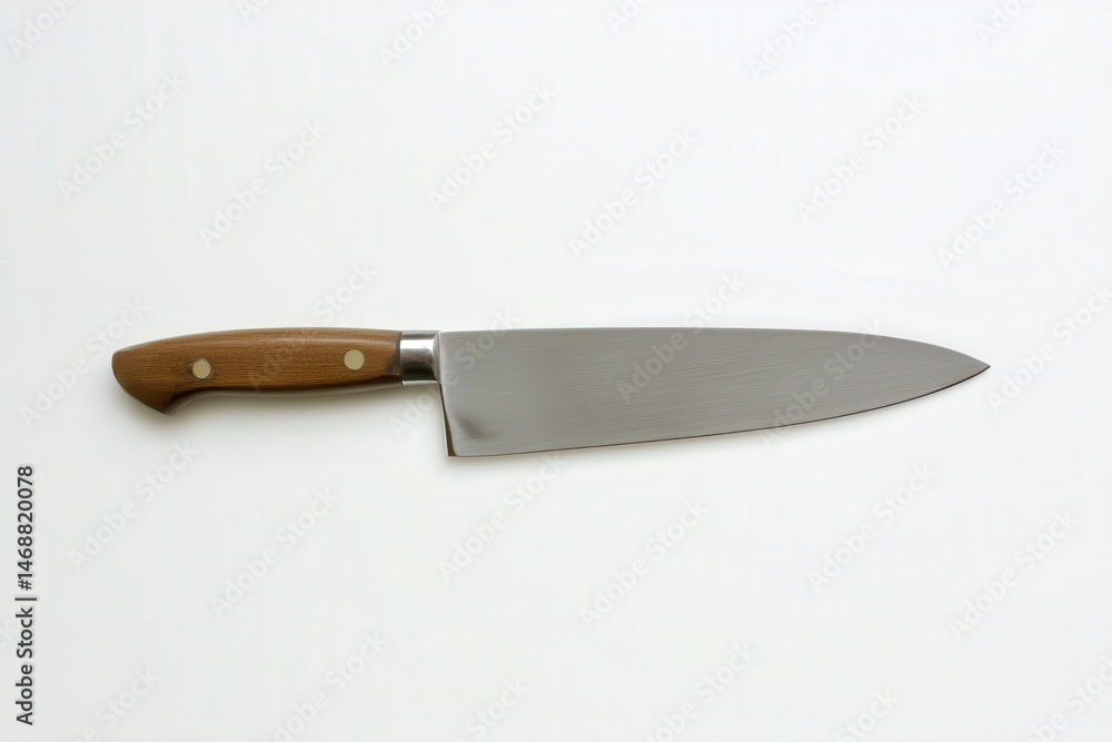 Professional stainless steel chef's knife with black handle on white background
Professional stainless steel chef's knife with black handle on white background