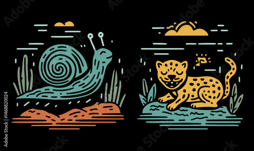 Colorful Hand-Drawn Doodle of Snail and Leopard in Nature Scene