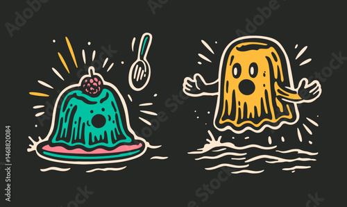 Colorful Doodle of Jelly Dessert and Cute Ghost Character Design