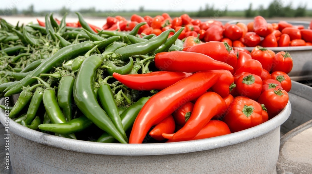 Fresh green and red chili peppers and tomatoes in large bowls Fresh green and red chili peppers and tomatoes in large bowls