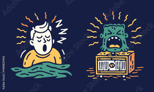 Sleepy Boy and Frightening Monster Doodle Artwork on Dark Background