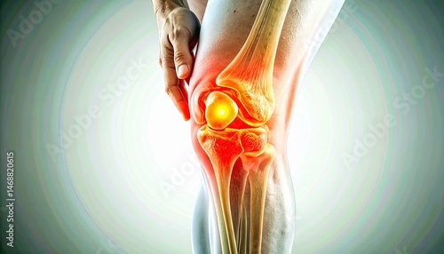 Cross-sectional anatomical image of damaged knee cartilage, with intra-articular inflammation highlighted in red