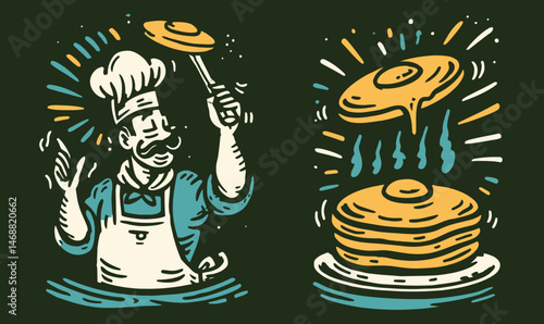 Chef in Doodle Style Holding Pancake on Platter with Tasty Drips
