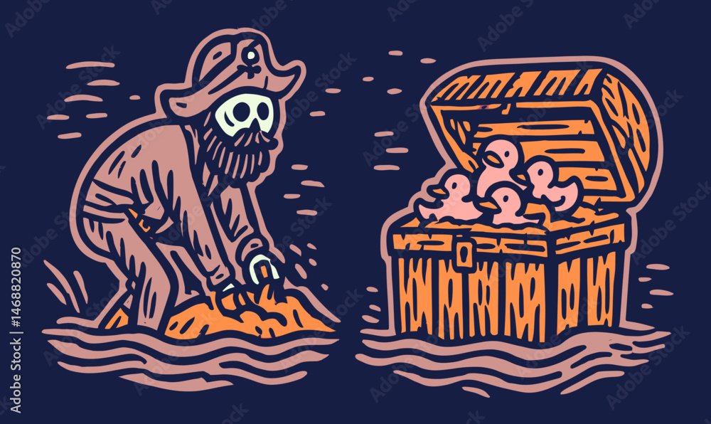 Obraz premium Pirate Hand Drawing of Skeleton with Treasure Chest and Ducks