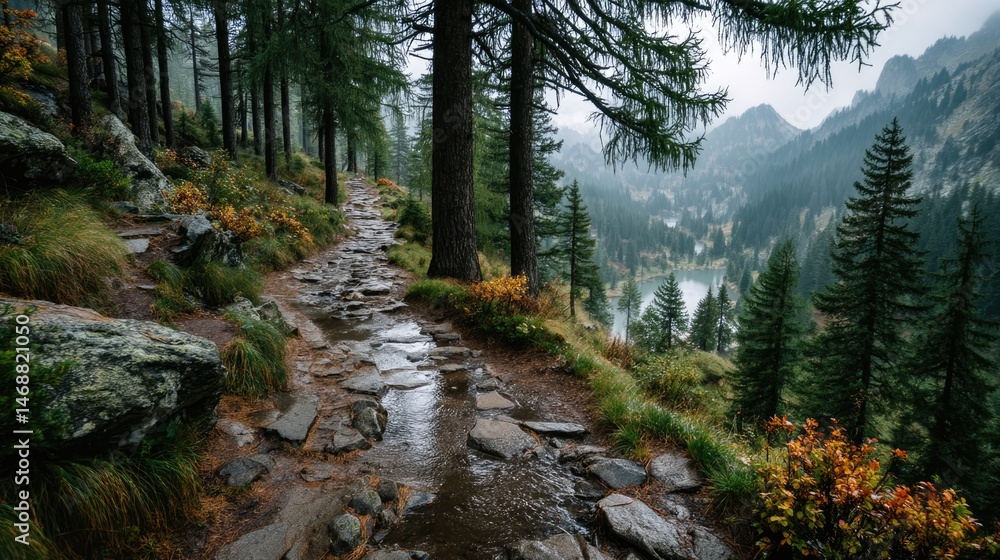 Mysterious foggy mountain path surrounded by pine forest scenic nature view serene atmosphere Mysterious foggy mountain path surrounded by pine forest scenic nature view serene atmosphere