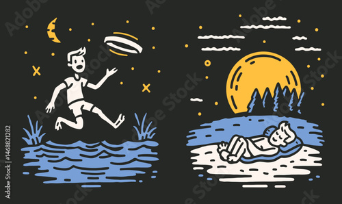Hand-drawn Doodle of Boy Playing with Frisbee and Relaxing by Water
