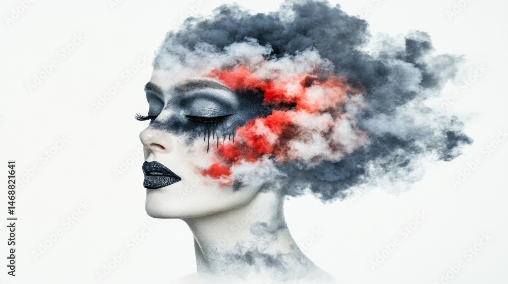 Fototapeta premium Artistic portrait of a woman with a cloud-like hairstyle and dramatic makeup