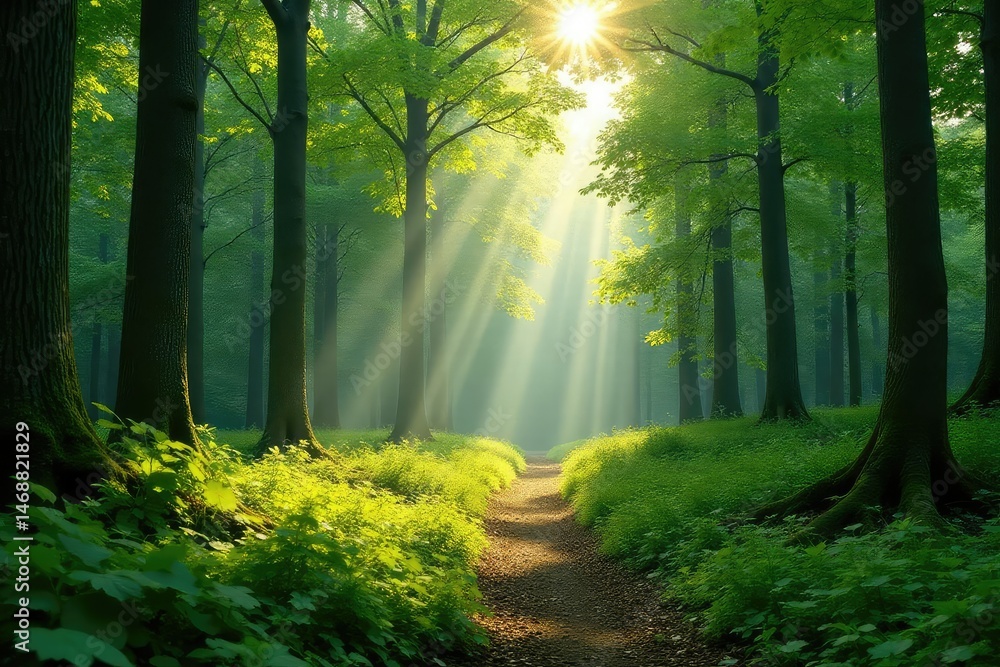 Obraz premium Lush green Estonian forest with sunlight dappling through the trees , canopy, beautiful, woods