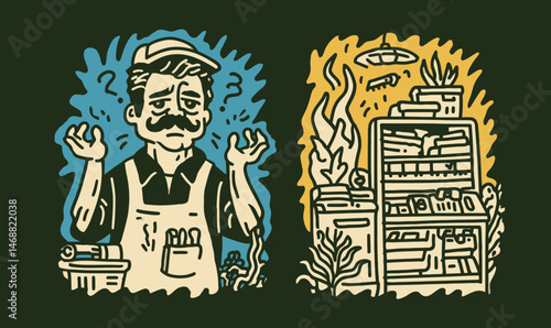 Artistic Hand Drawing of a Shopkeeper in Doodle Style on Shirt