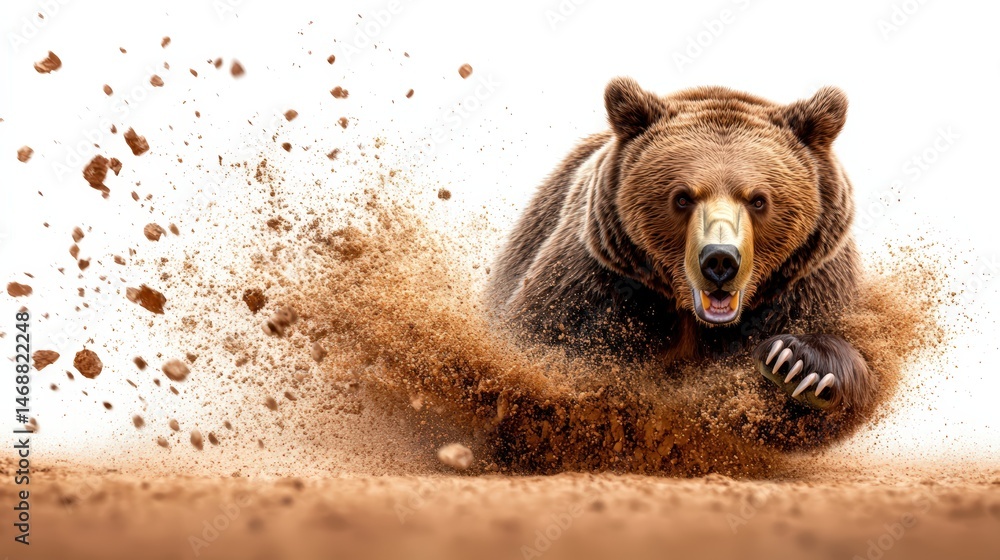 Obraz premium Powerful brown bear running through dirt with dust flying up in a dynamic wildlife action scene in a natural setting du daytime