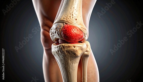 Cross-sectional anatomical image of damaged knee cartilage, with intra-articular inflammation highlighted in red