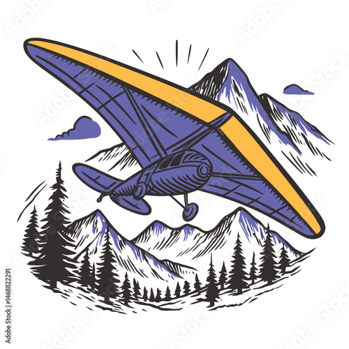 Vintage Hand Drawn Illustration of Hang Gliding Over Mountains