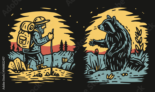 Hand-drawn Doodle of Hiker Meeting a Bear in Nature Scene Illustration