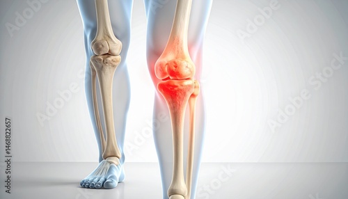 Cross-sectional anatomical image of damaged knee cartilage, with intra-articular inflammation highlighted in red