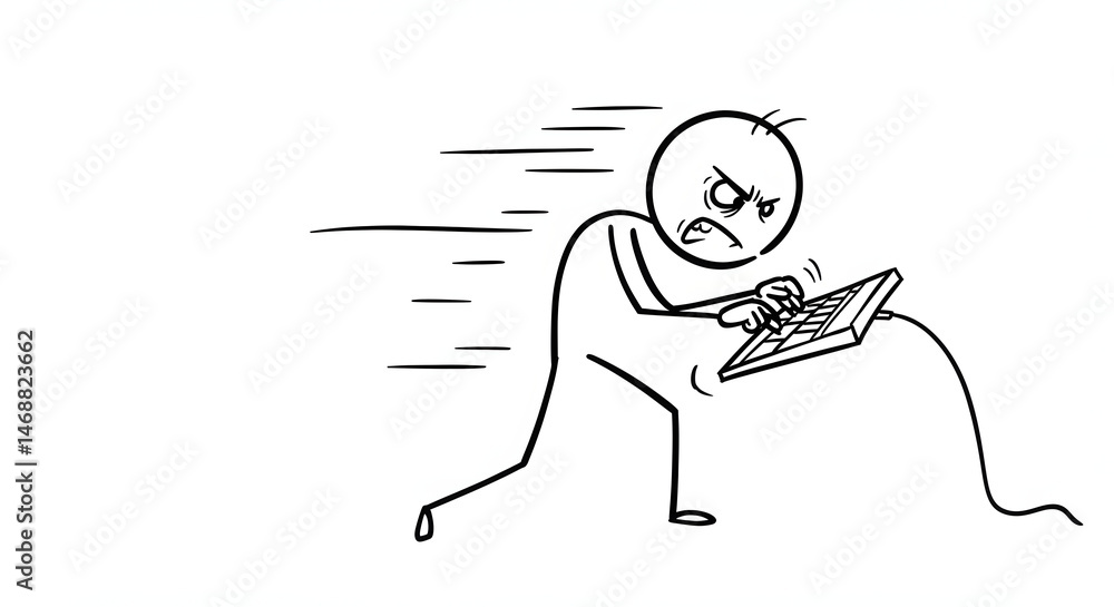 Fototapeta premium Frustrated stick figure furiously typing on a keyboard with motion lines