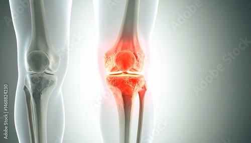 Cross-sectional anatomical image of damaged knee cartilage, with intra-articular inflammation highlighted in red