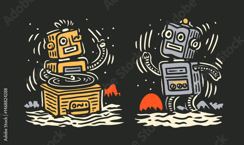 Fun Retro Doodle of Robots Enjoying Music and Dancing Together