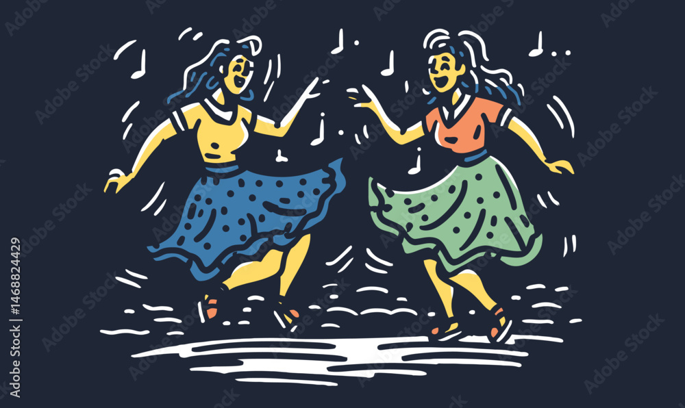 Fototapeta premium Colorful Hand-Drawn Doodle of Two Women Dancing Joyfully