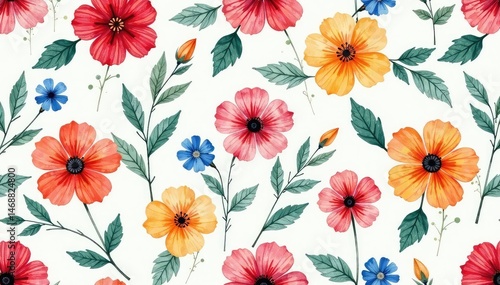 Seamless repeating floral pattern, vibrant blooms in watercolor style Perfect for textile, wallpaper, and packaging design , delicate, repeating background