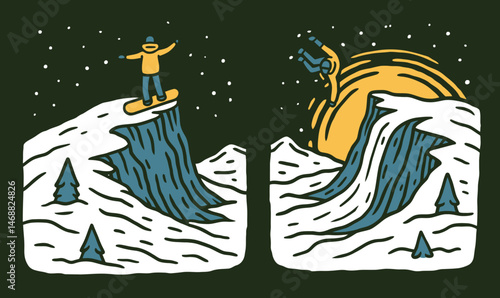 Snowboarder Doodle Art with Winter Landscape and Sunset Scene