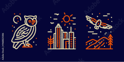 Monoline Flat Icon Illustrations of Owl, Cityscape, and Landscape