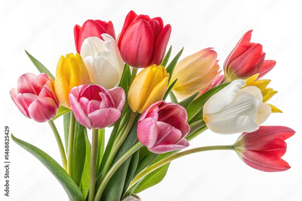 Fototapeta premium Colorful Bouquet of Dutch Tulips on a White Background Generative AI