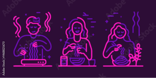 Vibrant Monoline Illustrations of People Cooking and Preparing Food