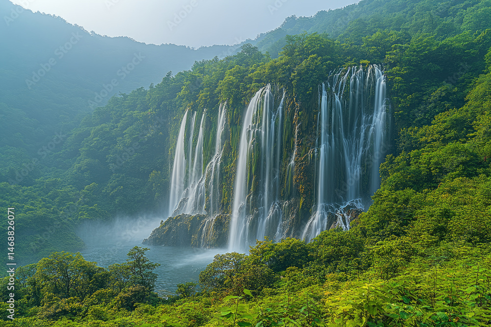 Fototapeta premium Captivating Scene of Waterfall and Forest in Perfect Weather Conditions
