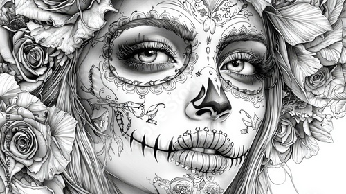 Artistic representation of a woman featuring traditional sugar skull designs.