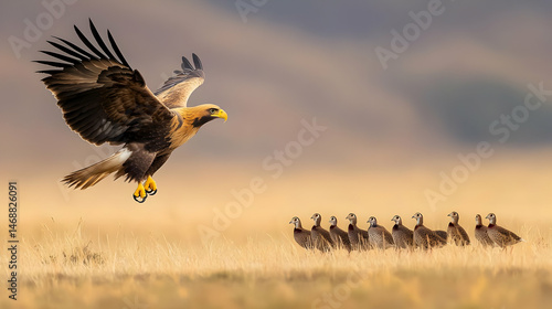 Golden Eagle Landing Above Quail Flock In Grassland