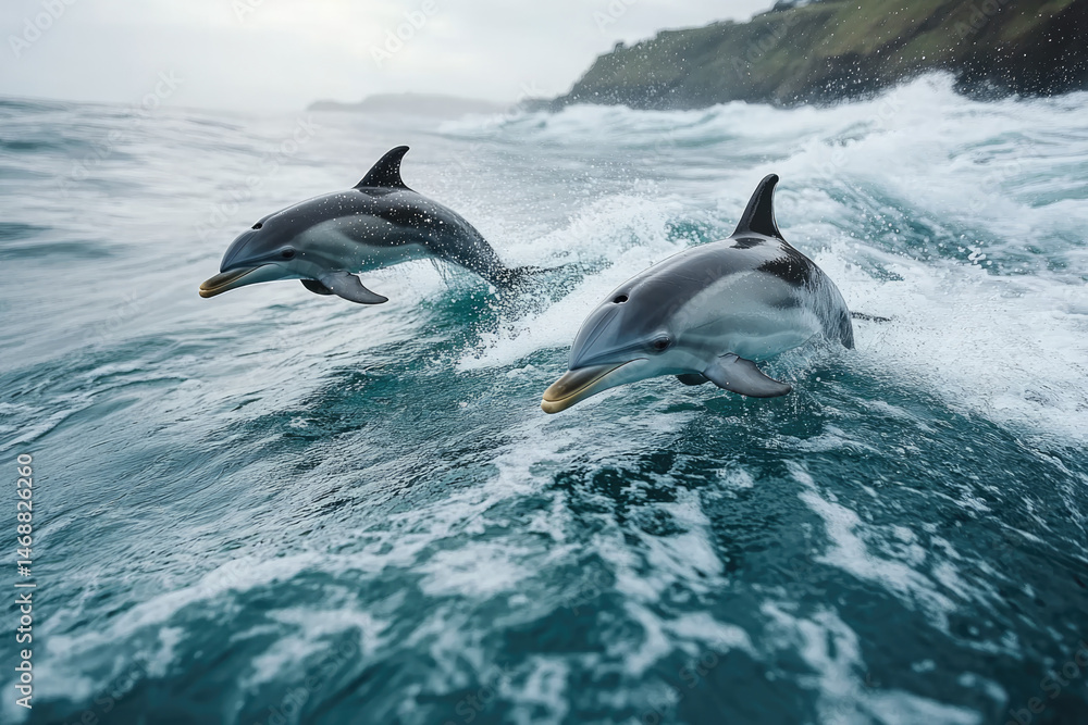 Fototapeta premium Dolphins Leaping from Turquoise Waves at Sunrise on Picto Island