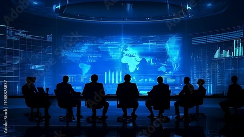 Wallpaper Mural Silhouetted figures convene around a large screen displaying global data visualizations, suggesting a high-tech business meeting or strategy session Torontodigital.ca
