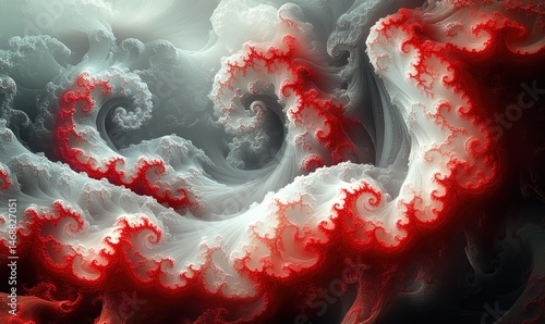 Abstract swirling fractal cloud formations,  red and white