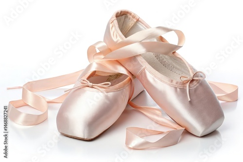 Elegant Satin Pointe Shoes With Ribbons on White Background Generative AI