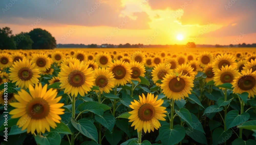 Fototapeta premium Vast sunflower field at sunset, golden hour light, vibrant yellow blooms , light, wildflower