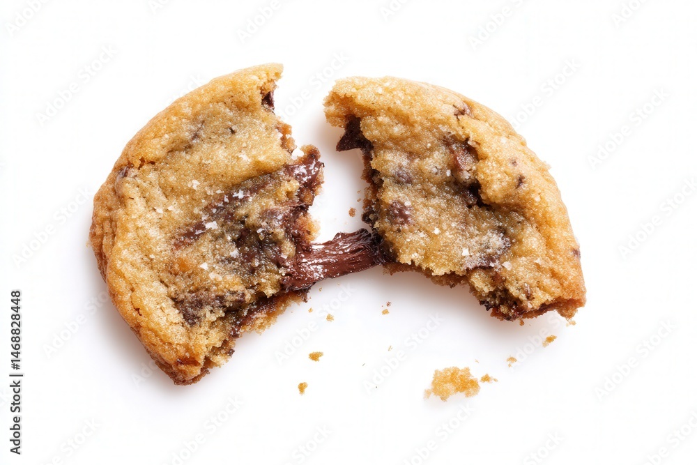 Soft chocolate chip cookie broken in half with gooey center
