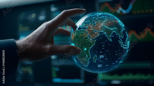 Hand Holding Holographic Earth Globe Over Business Screens