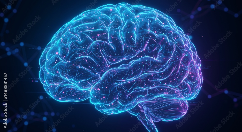 Obraz premium A Vivid Representation of the Human Brain in Neon Colors, Showcasing Neural Connections and Synapses in a Futuristic, High-Tech Style