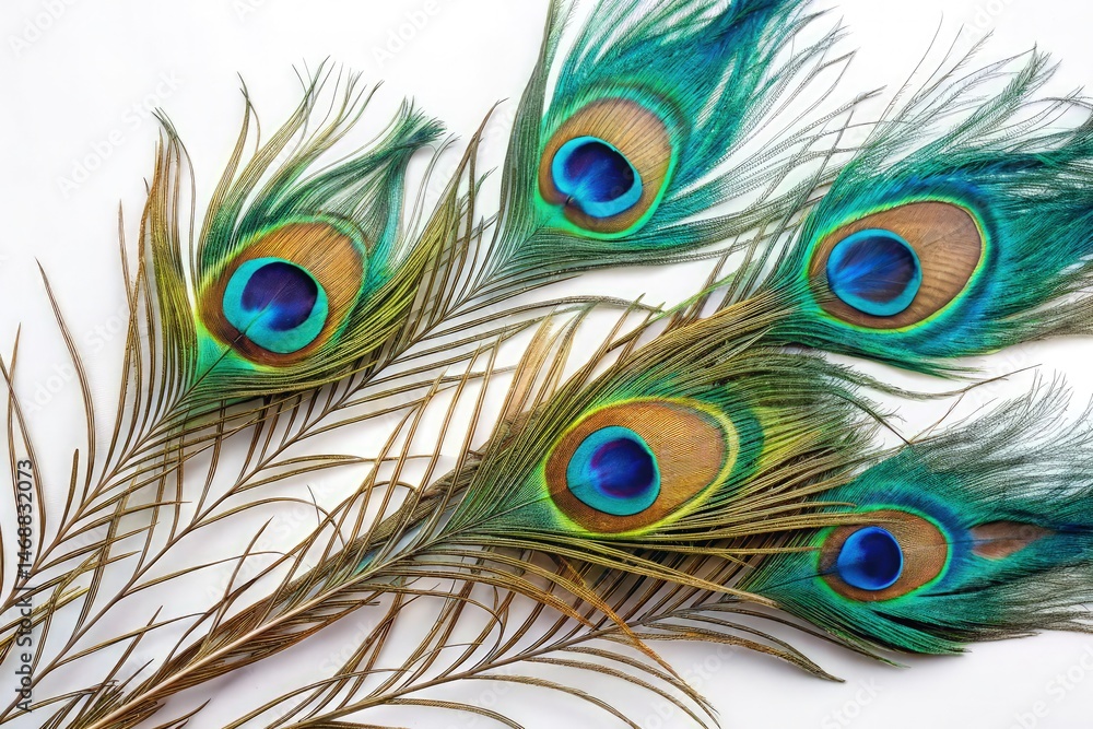 Fototapeta premium Colorful Peacock Feathers Arranged Beautifully on a Background Generative AI