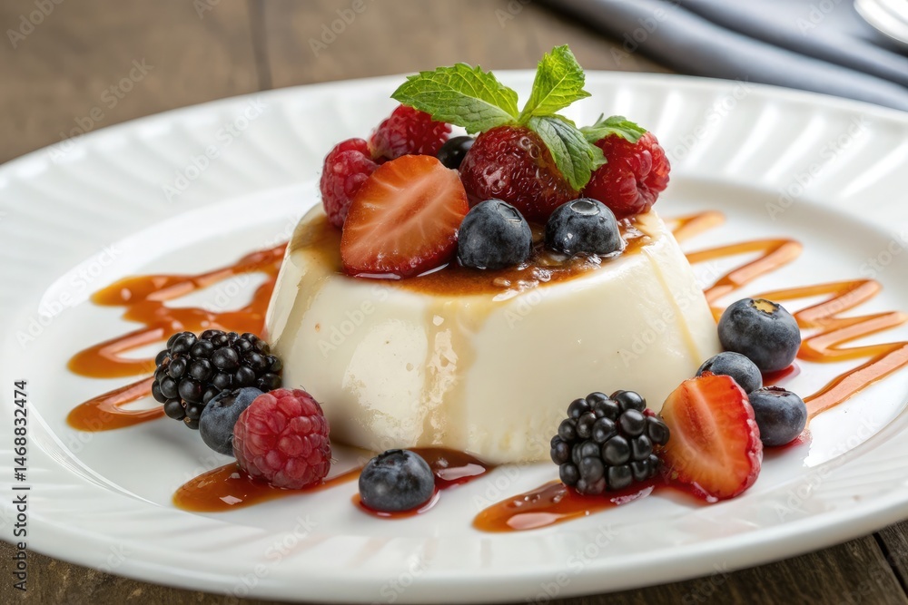 Creamy Panna Cotta Dessert Topped With Fresh Berries and Caramel Generative AI Creamy Panna Cotta Dessert Topped With Fresh Berries and Caramel Generative AI