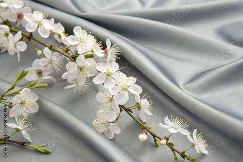 Delicate White Flowers on Soft Grey Satin Fabric Generative AI